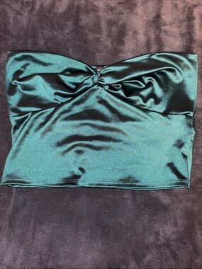 Originality Satin Twist-Front Strapless Crop Top in Shimmery Black